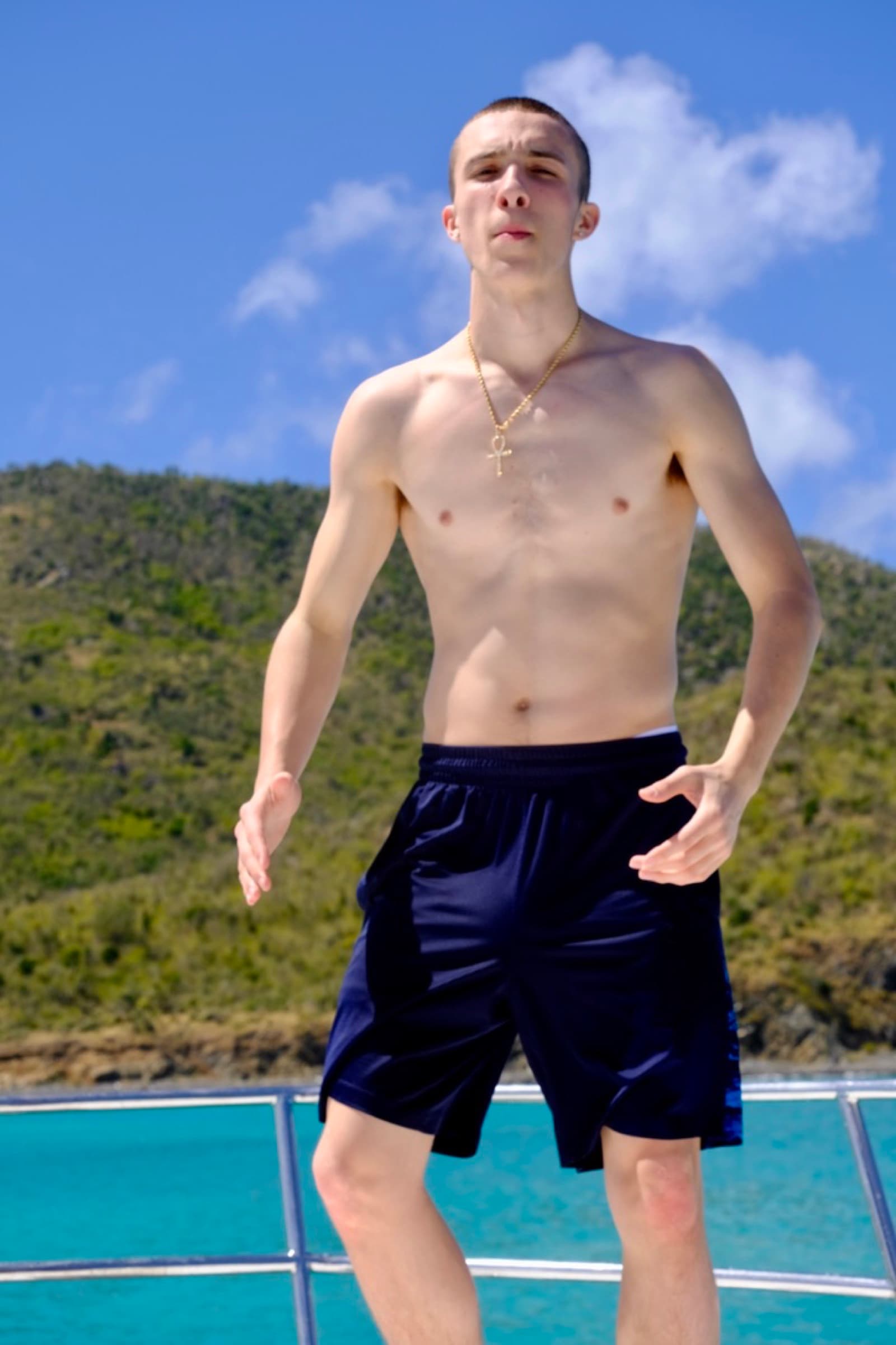 On the cruise ship deck, St. Kitts in the background