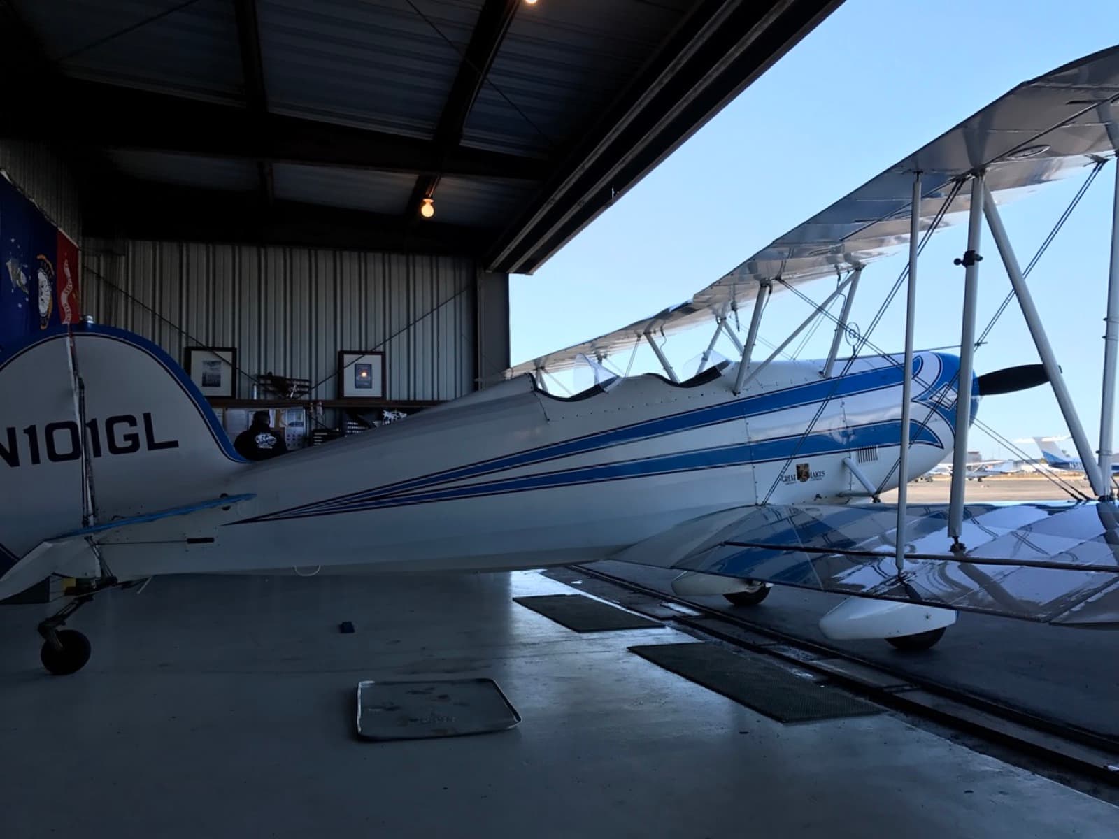 N101GL biplane in the hangar